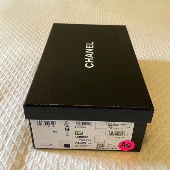 Chanel espadrille shoebox with set of (2) dust bags and ribbon/camelia
